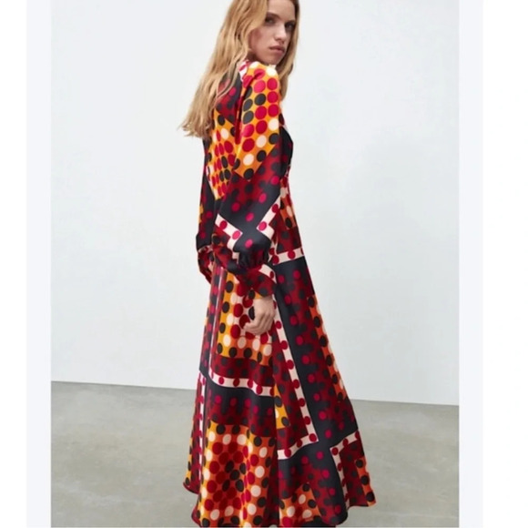 ZARA Retro 70s MIDI Dress Satin Effect Polka Dot Earth Tones, Size Small NWT - Picture 3 of 16